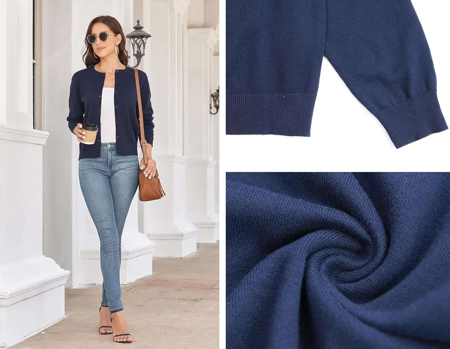 Women's Crew Neck Button Down Long Sleeve Cardigan for Women Classic Soft Knit Ladies Cardigan Sweater Coat