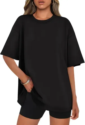Womens Crewneck Short Sleeve Tee Oversized T Shirts Loose Fit Black