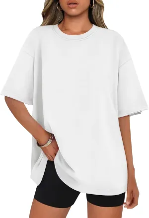Womens Crewneck Short Sleeve Tee Oversized T Shirts Loose Fit White