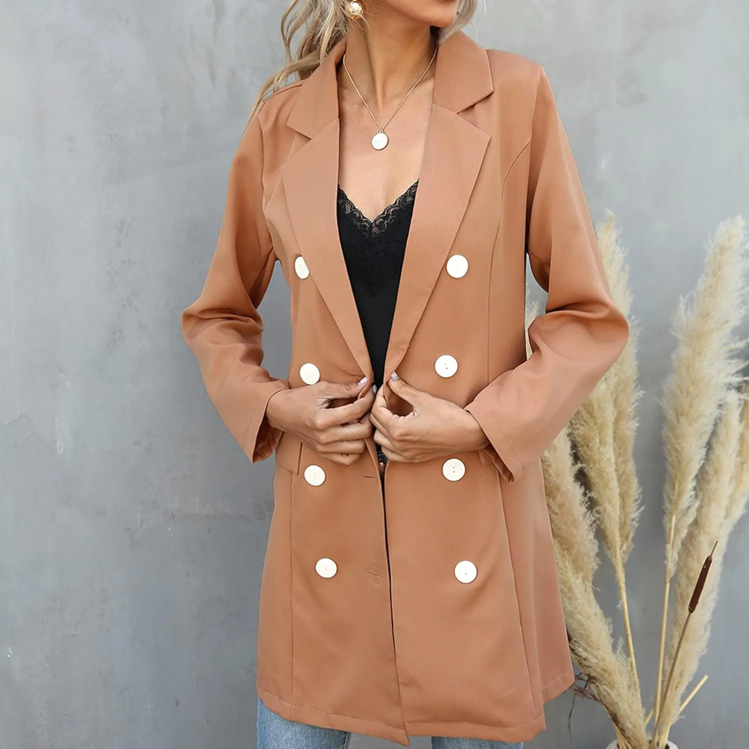 Women's Double Breasted Blazer Jacket Pea Coat Long Sleeve Lapel Winter Basic Mid-Long Trench Coat with Belt