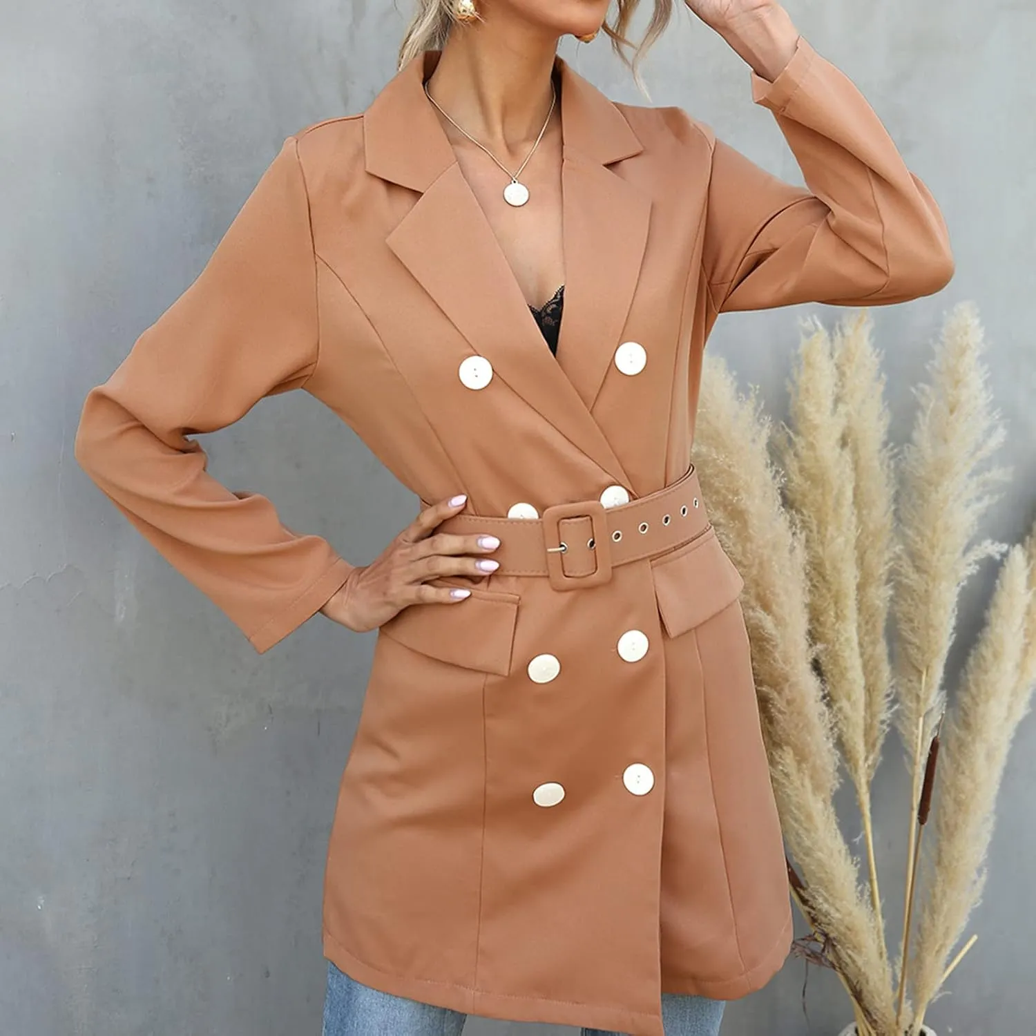 Women's Double Breasted Blazer Jacket Pea Coat Long Sleeve Lapel Winter Basic Mid-Long Trench Coat with Belt