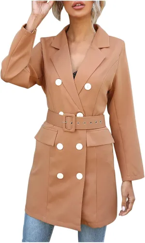 Women's Double Breasted Blazer Jacket Pea Coat Long Sleeve Lapel Winter Basic Mid-Long Trench Coat with Belt