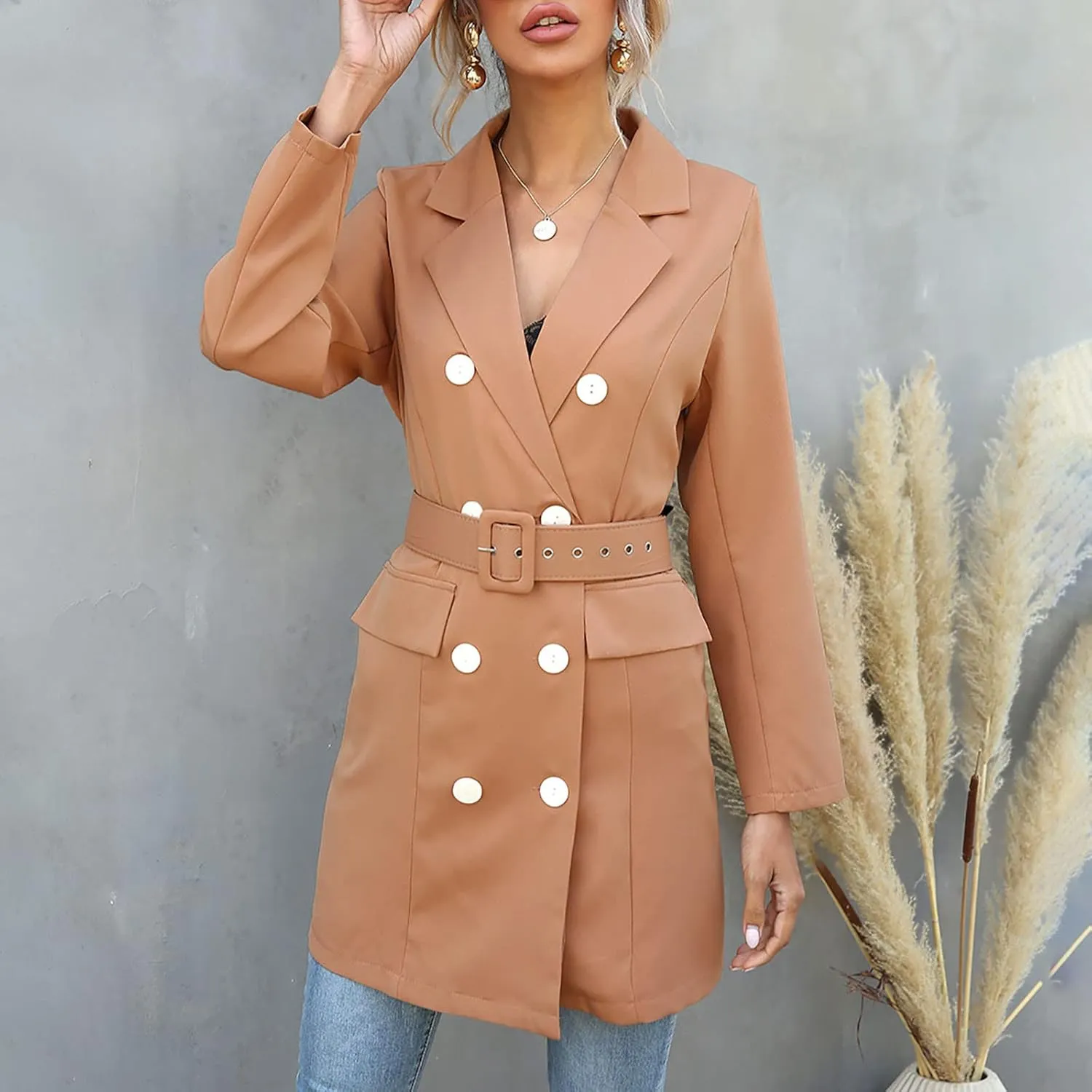 Women's Double Breasted Blazer Jacket Pea Coat Long Sleeve Lapel Winter Basic Mid-Long Trench Coat with Belt