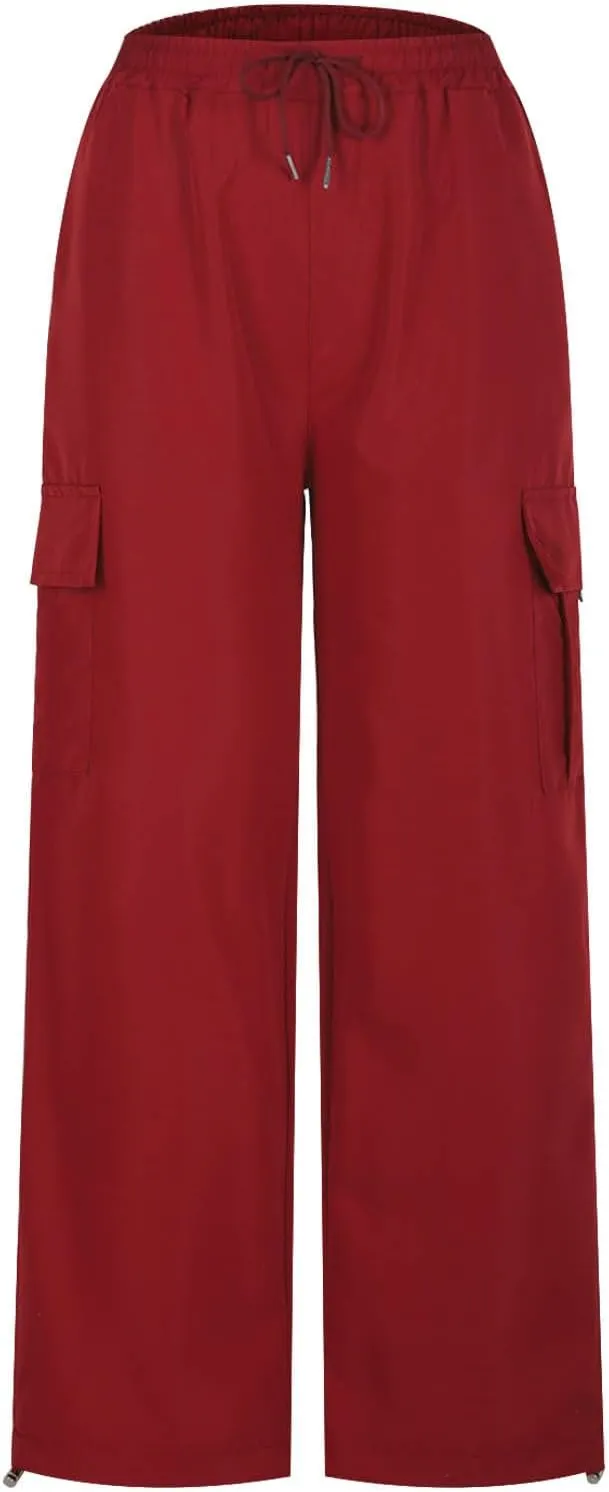 Women's Elastic High Waist Cargo Pants Straight Wide Leg Trouser Baggy Stretchy Quick Dry Sweatpants 6 Pockets Jogger