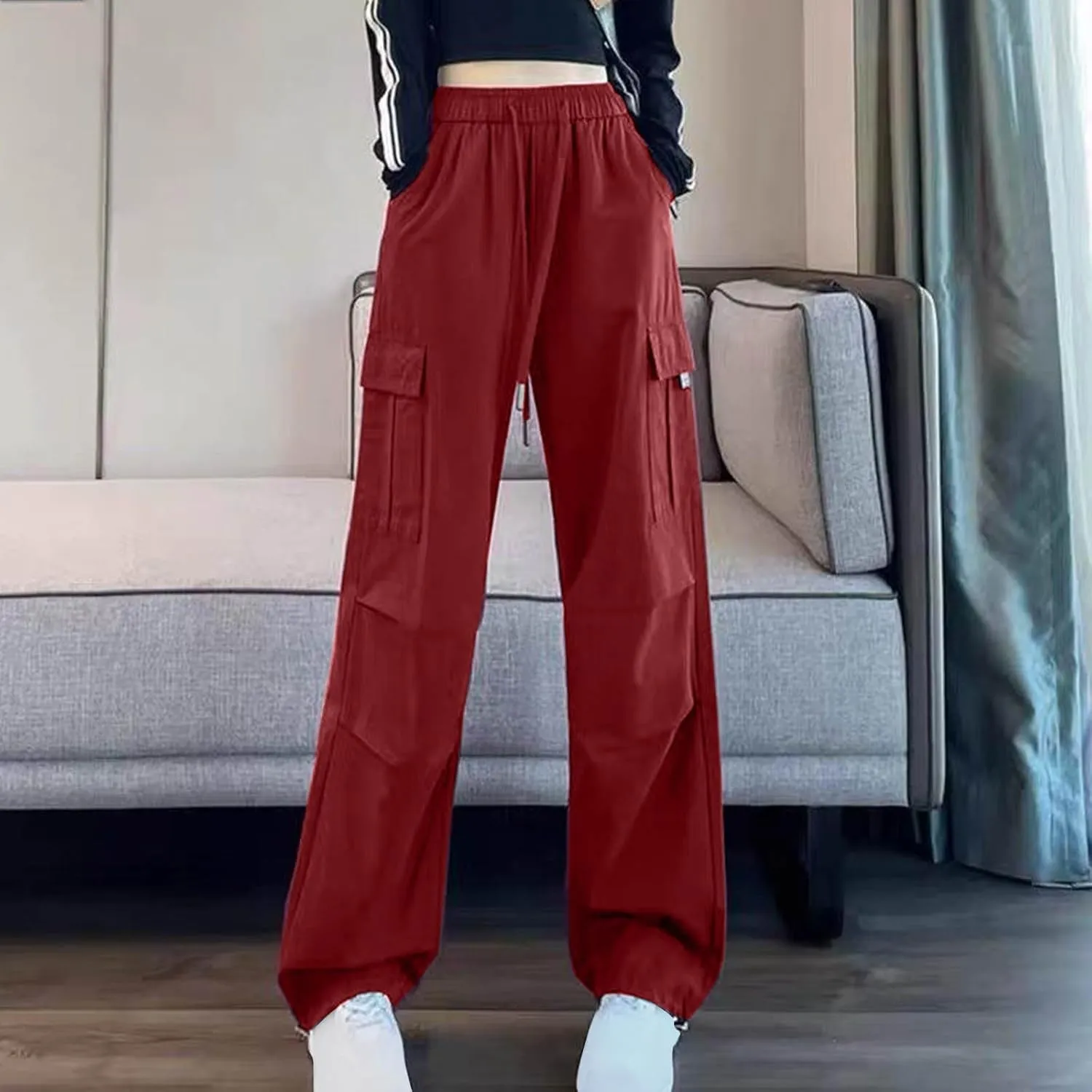 Women's Elastic High Waist Cargo Pants Straight Wide Leg Trouser Baggy Stretchy Quick Dry Sweatpants 6 Pockets Jogger