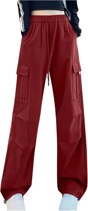 Women's Elastic High Waist Cargo Pants Straight Wide Leg Trouser Baggy Stretchy Quick Dry Sweatpants 6 Pockets Jogger