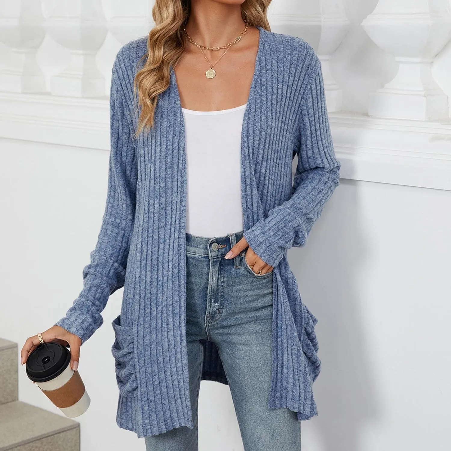 Womens Fall Fashion Cardigan Lightweight Soft Knit Cardigan Sweaters Long Sleeve Open Front Coat with Pockets