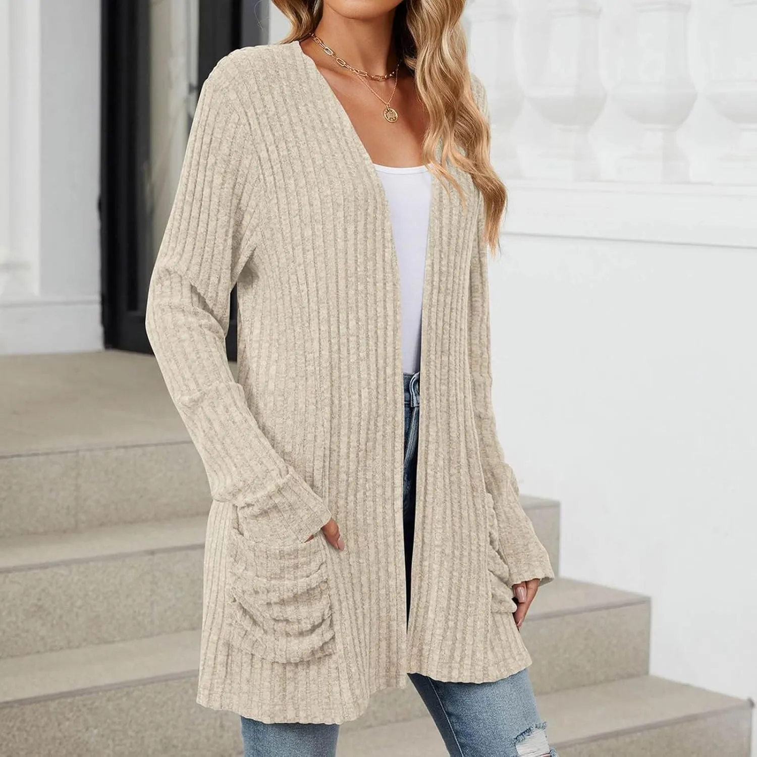 Womens Fall Fashion Cardigan Lightweight Soft Knit Cardigan Sweaters Long Sleeve Open Front Coat with Pockets