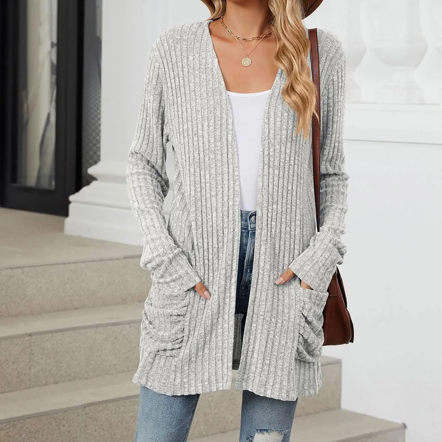 Womens Fall Fashion Cardigan Lightweight Soft Knit Cardigan Sweaters Long Sleeve Open Front Coat with Pockets