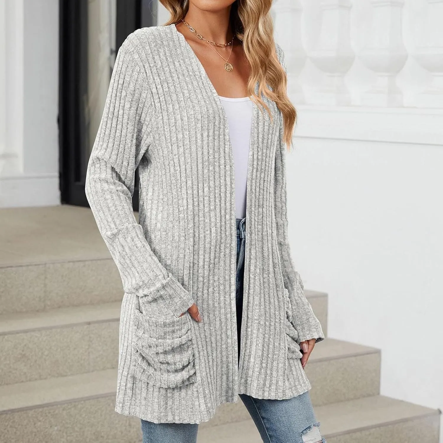 Womens Fall Fashion Cardigan Lightweight Soft Knit Cardigan Sweaters Long Sleeve Open Front Coat with Pockets