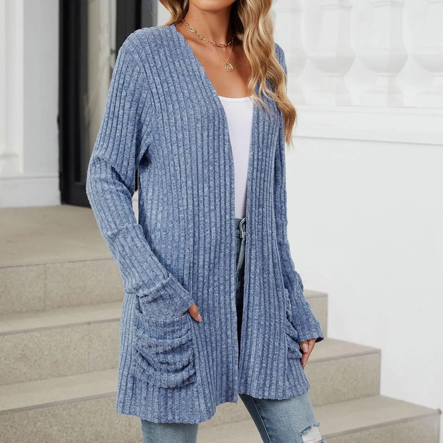 Womens Fall Fashion Cardigan Lightweight Soft Knit Cardigan Sweaters Long Sleeve Open Front Coat with Pockets