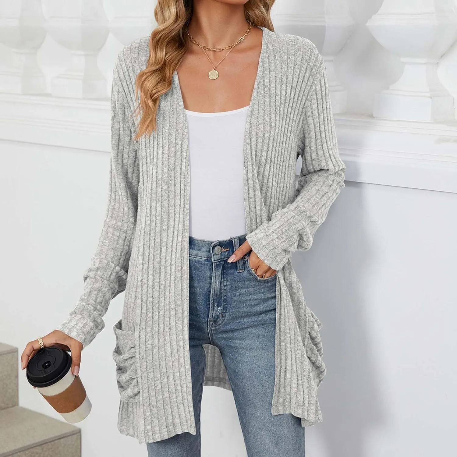 Womens Fall Fashion Cardigan Lightweight Soft Knit Cardigan Sweaters Long Sleeve Open Front Coat with Pockets