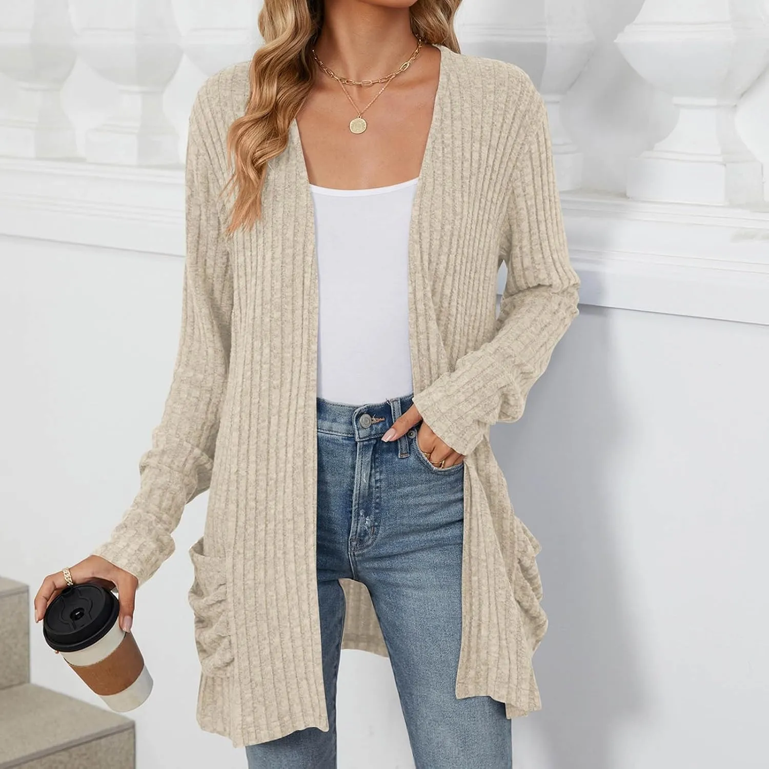 Womens Fall Fashion Cardigan Lightweight Soft Knit Cardigan Sweaters Long Sleeve Open Front Coat with Pockets