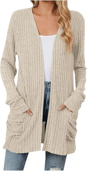 Womens Fall Fashion Cardigan Lightweight Soft Knit Cardigan Sweaters Long Sleeve Open Front Coat with Pockets
