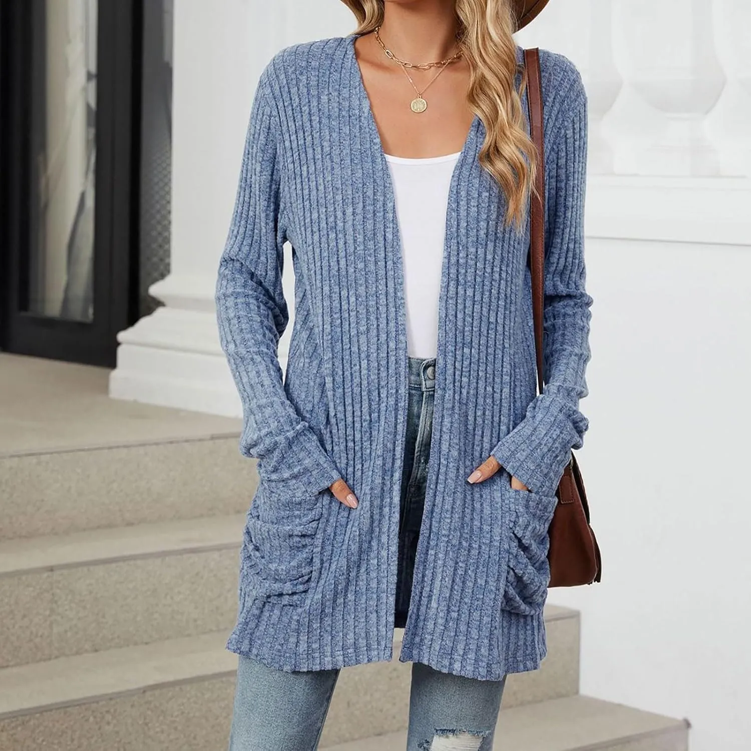 Womens Fall Fashion Cardigan Lightweight Soft Knit Cardigan Sweaters Long Sleeve Open Front Coat with Pockets