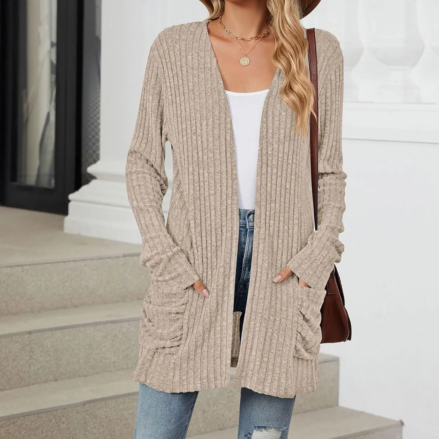 Womens Fall Fashion Cardigan Lightweight Soft Knit Cardigan Sweaters Long Sleeve Open Front Coat with Pockets