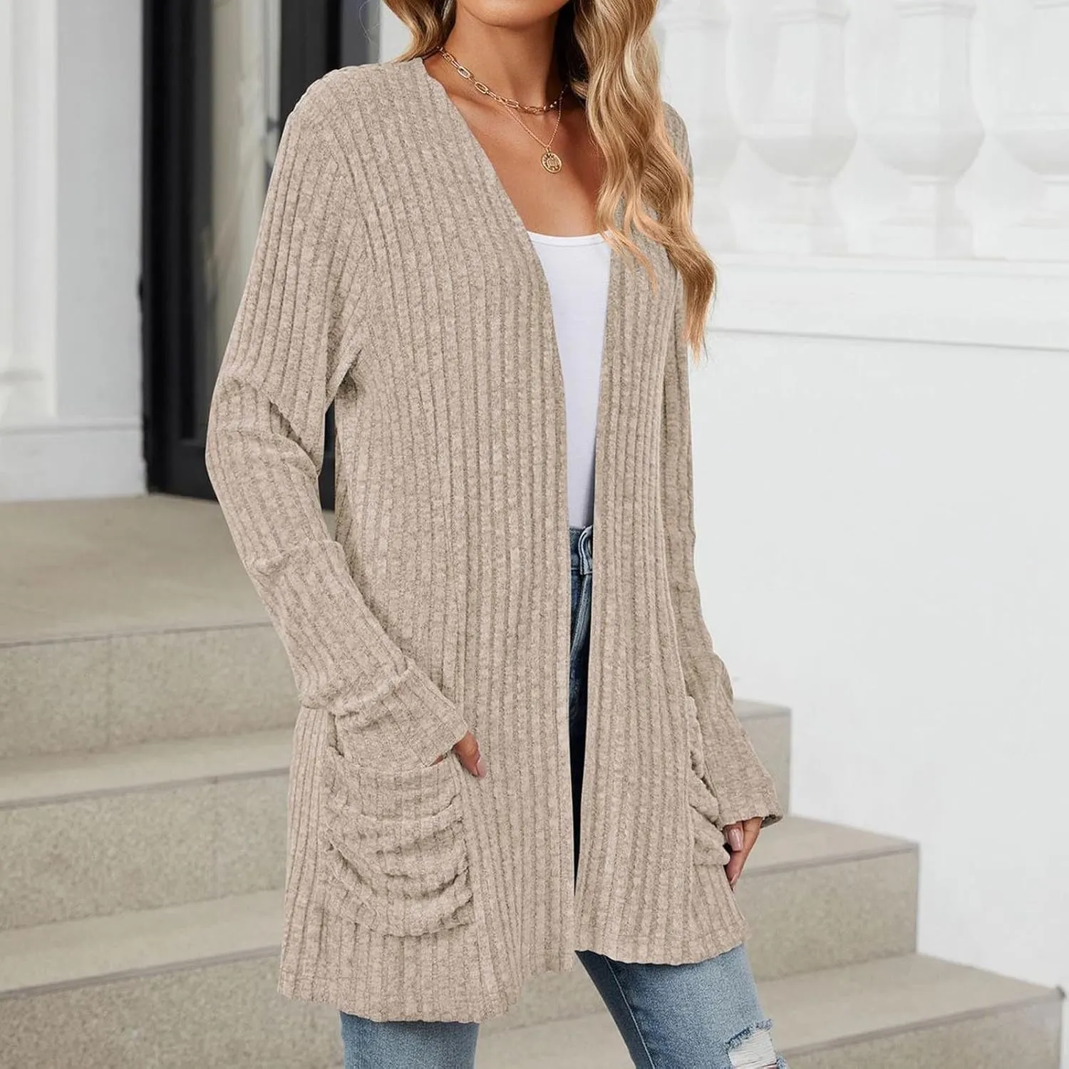 Womens Fall Fashion Cardigan Lightweight Soft Knit Cardigan Sweaters Long Sleeve Open Front Coat with Pockets