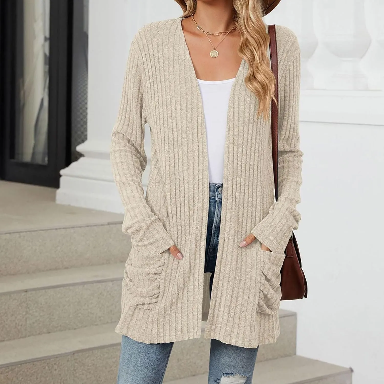 Womens Fall Fashion Cardigan Lightweight Soft Knit Cardigan Sweaters Long Sleeve Open Front Coat with Pockets