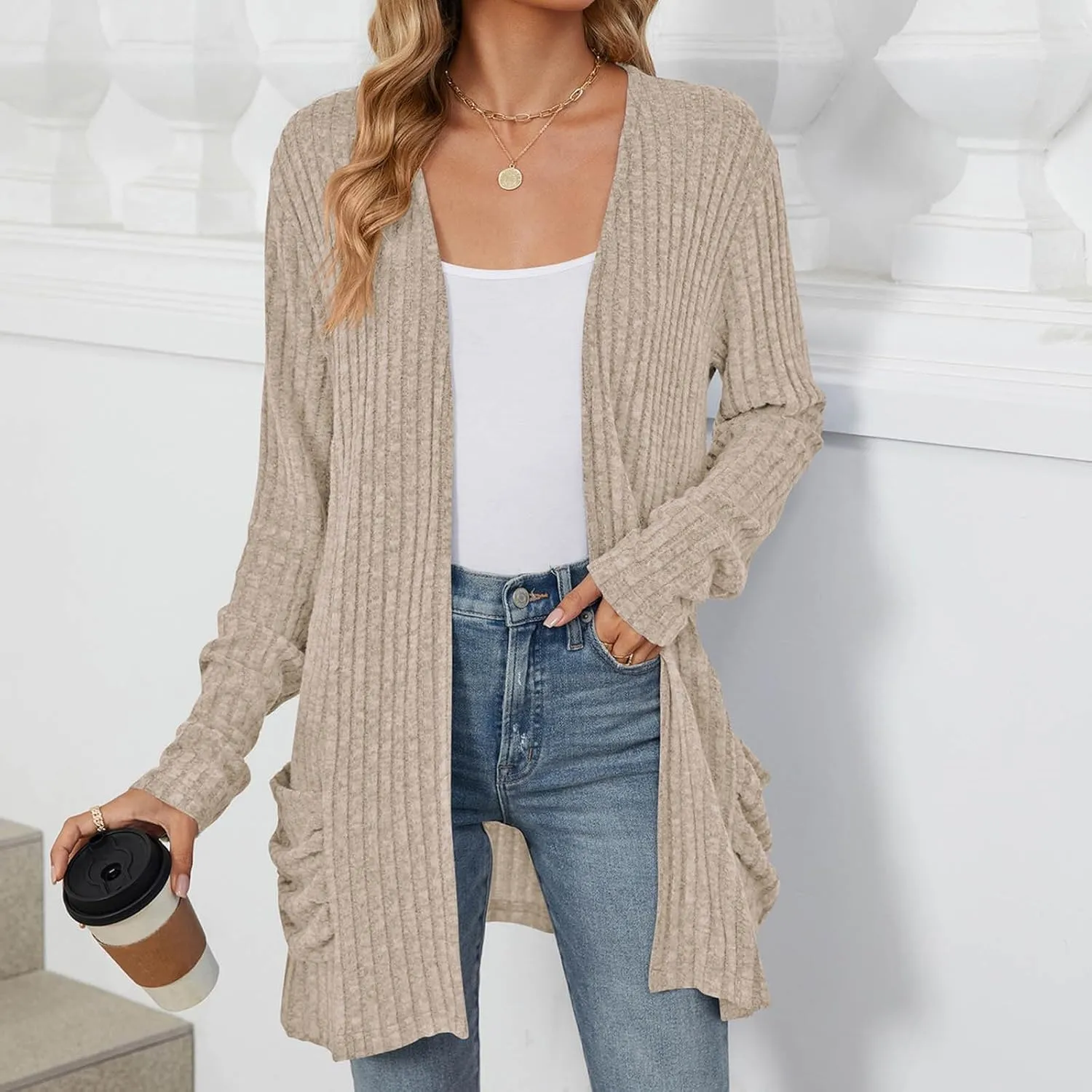 Womens Fall Fashion Cardigan Lightweight Soft Knit Cardigan Sweaters Long Sleeve Open Front Coat with Pockets