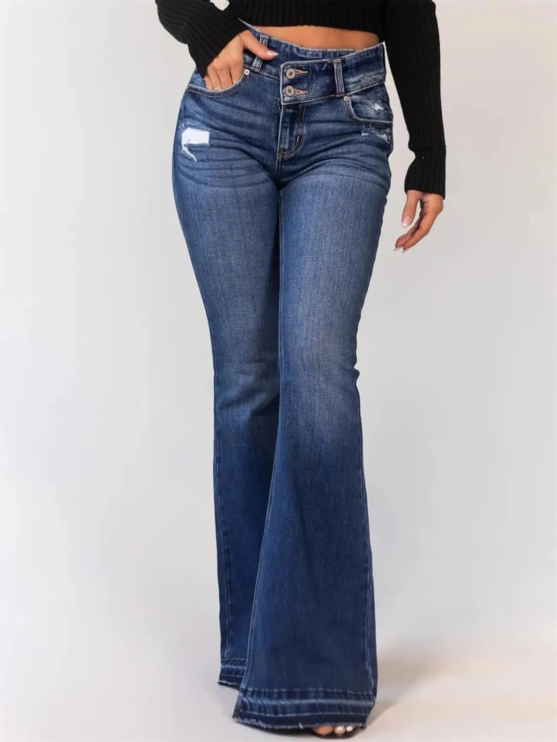 Women's High Waisted Ripped Flare Jeans Vintage Slim Fit Denim Bell Bottom Denim Pants Suit for Spring