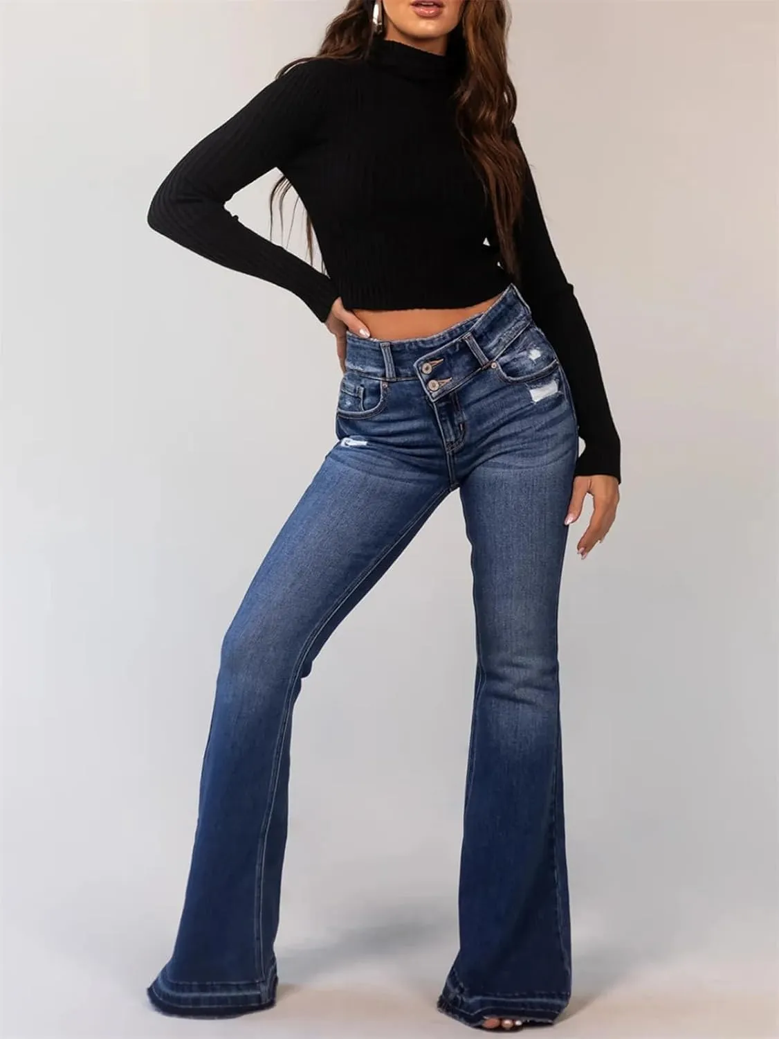 Women's High Waisted Ripped Flare Jeans Vintage Slim Fit Denim Bell Bottom Denim Pants Suit for Spring