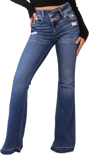 Women's High Waisted Ripped Flare Jeans Vintage Slim Fit Denim Bell Bottom Denim Pants Suit for Spring