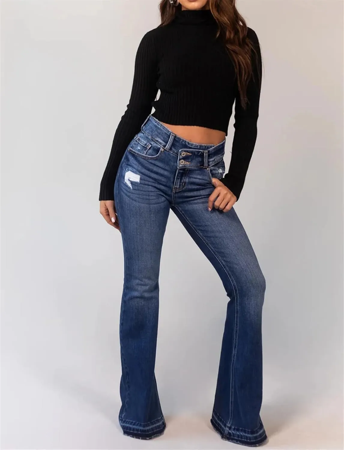 Women's High Waisted Ripped Flare Jeans Vintage Slim Fit Denim Bell Bottom Denim Pants Suit for Spring