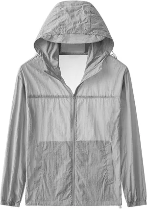 Women's Hooded Sunscreen Jacket Men Unisex Long Sleeve Protective Outdoor Breathable Versatile Soft Sport Coat Light Gray
