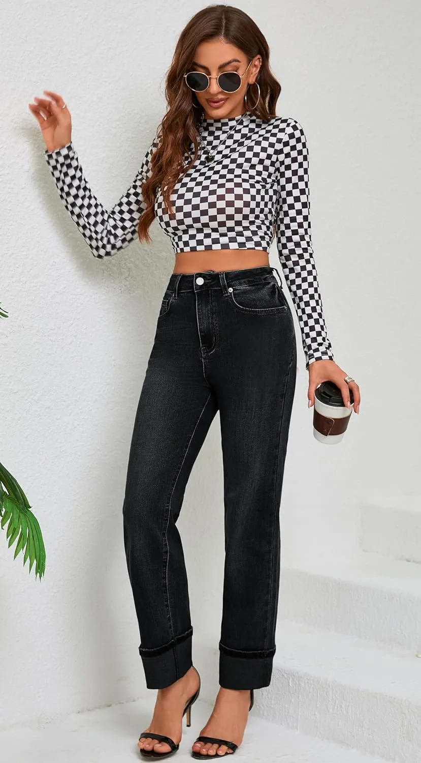 Womens Jeans High Waisted Stretchy Straight Leg Jeans for Women Tummy Control Trendy Cute Ankle Fold Hem Jeans Pants