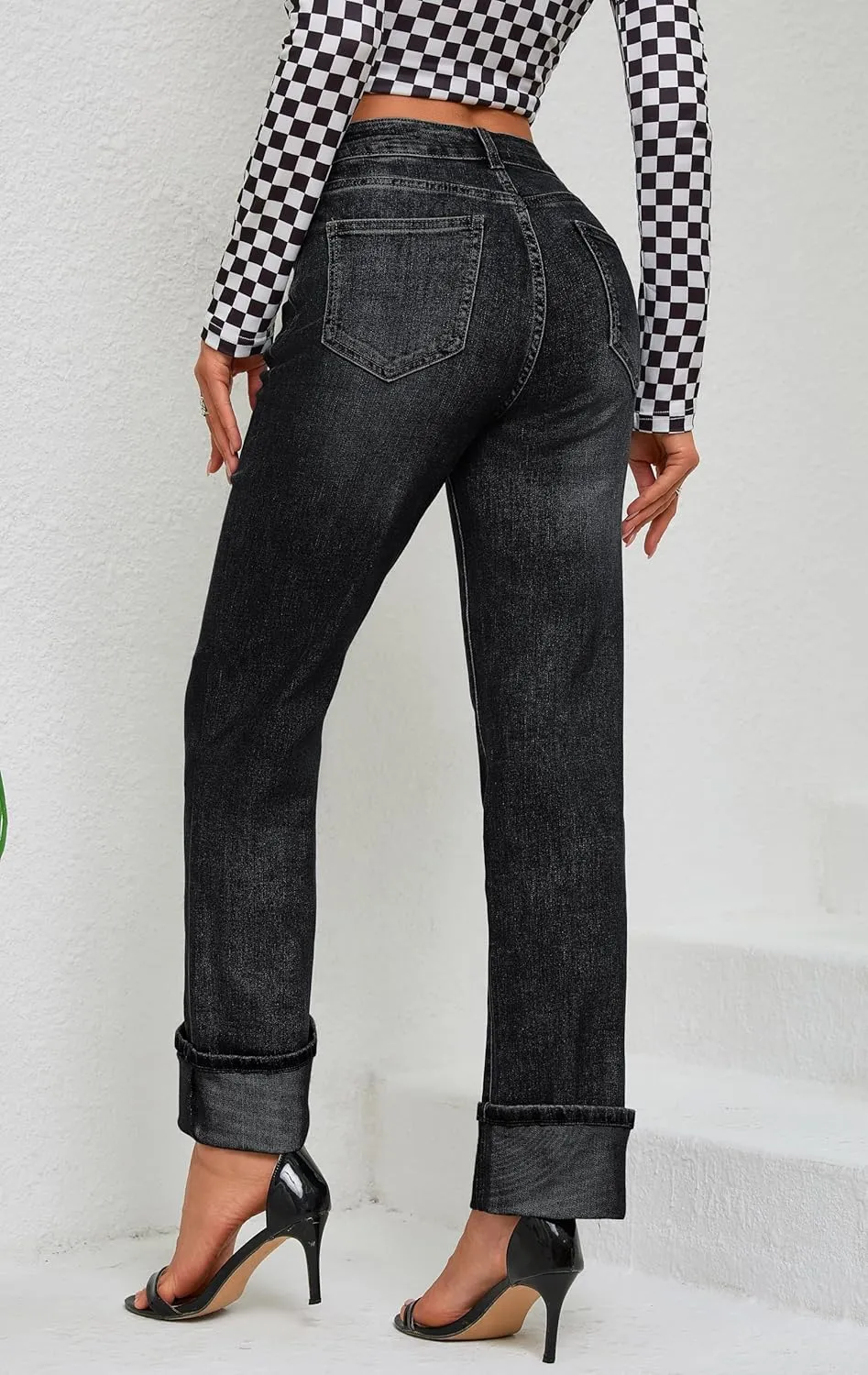 Womens Jeans High Waisted Stretchy Straight Leg Jeans for Women Tummy Control Trendy Cute Ankle Fold Hem Jeans Pants