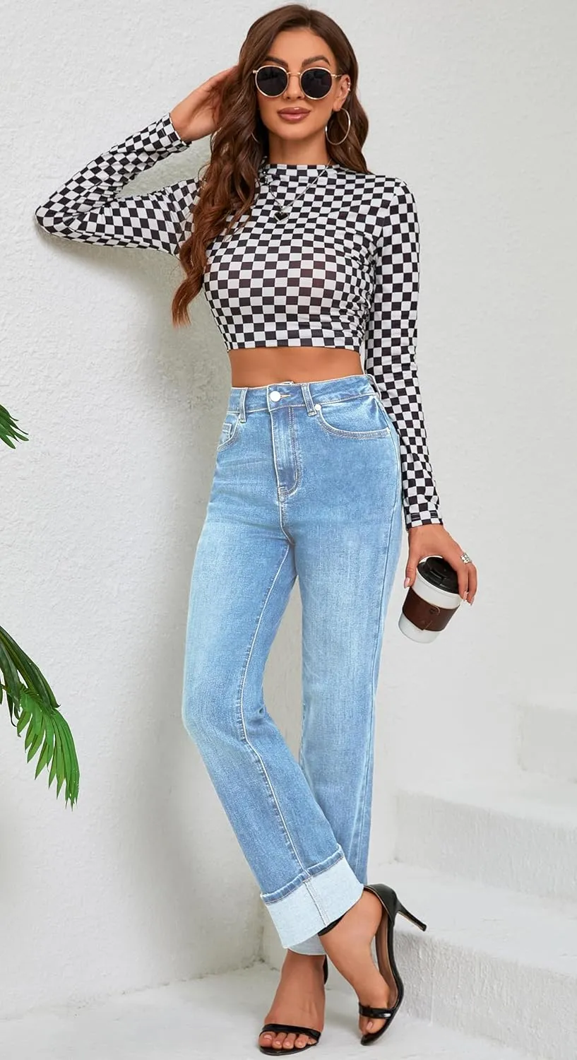 Womens Jeans High Waisted Stretchy Straight Leg Jeans for Women Tummy Control Trendy Cute Ankle Fold Hem Jeans Pants