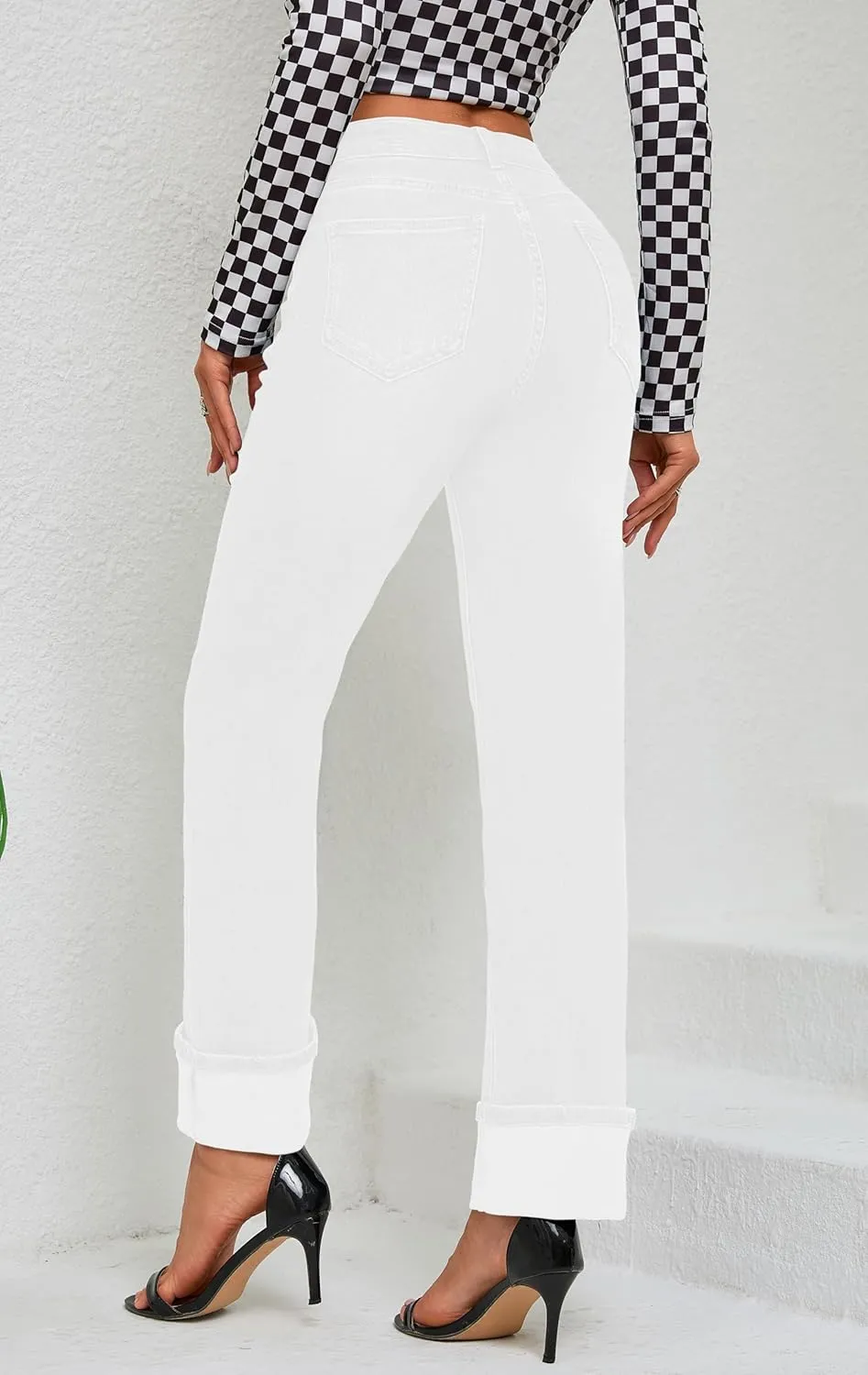 Womens Jeans High Waisted Stretchy Straight Leg Jeans for Women Tummy Control Trendy Cute Ankle Fold Hem Jeans Pants