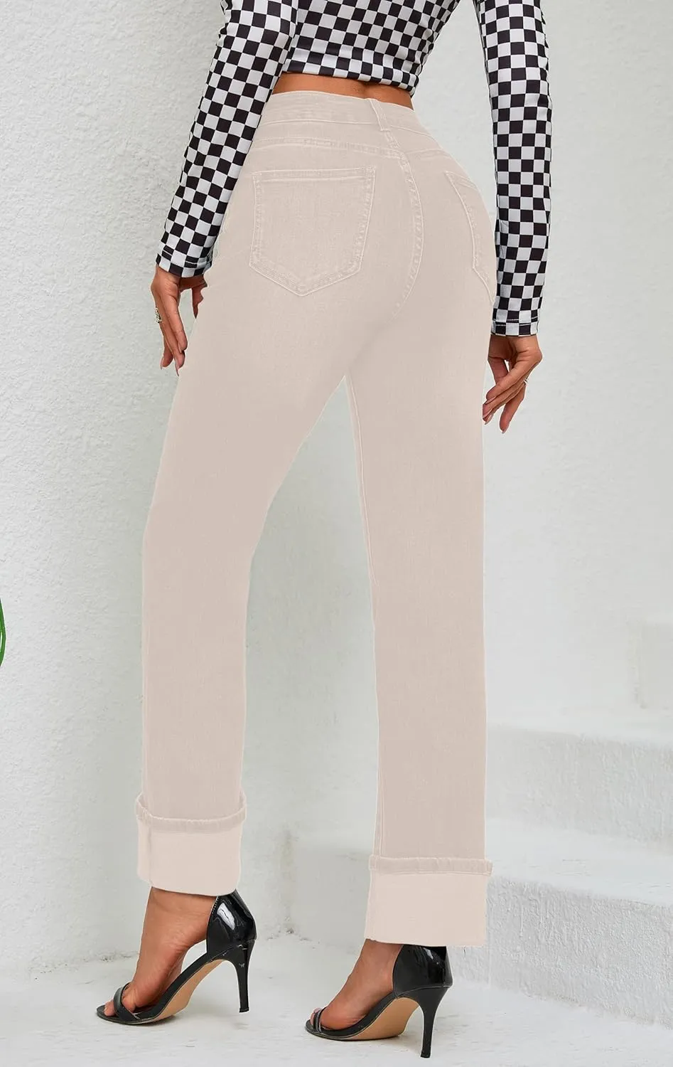 Womens Jeans High Waisted Stretchy Straight Leg Jeans for Women Tummy Control Trendy Cute Ankle Fold Hem Jeans Pants