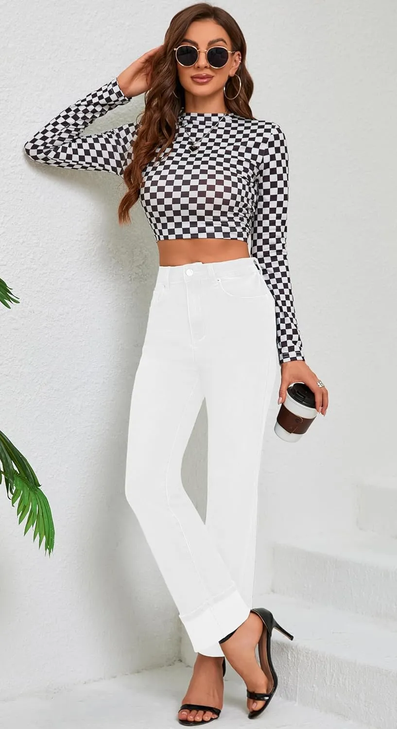 Womens Jeans High Waisted Stretchy Straight Leg Jeans for Women Tummy Control Trendy Cute Ankle Fold Hem Jeans Pants