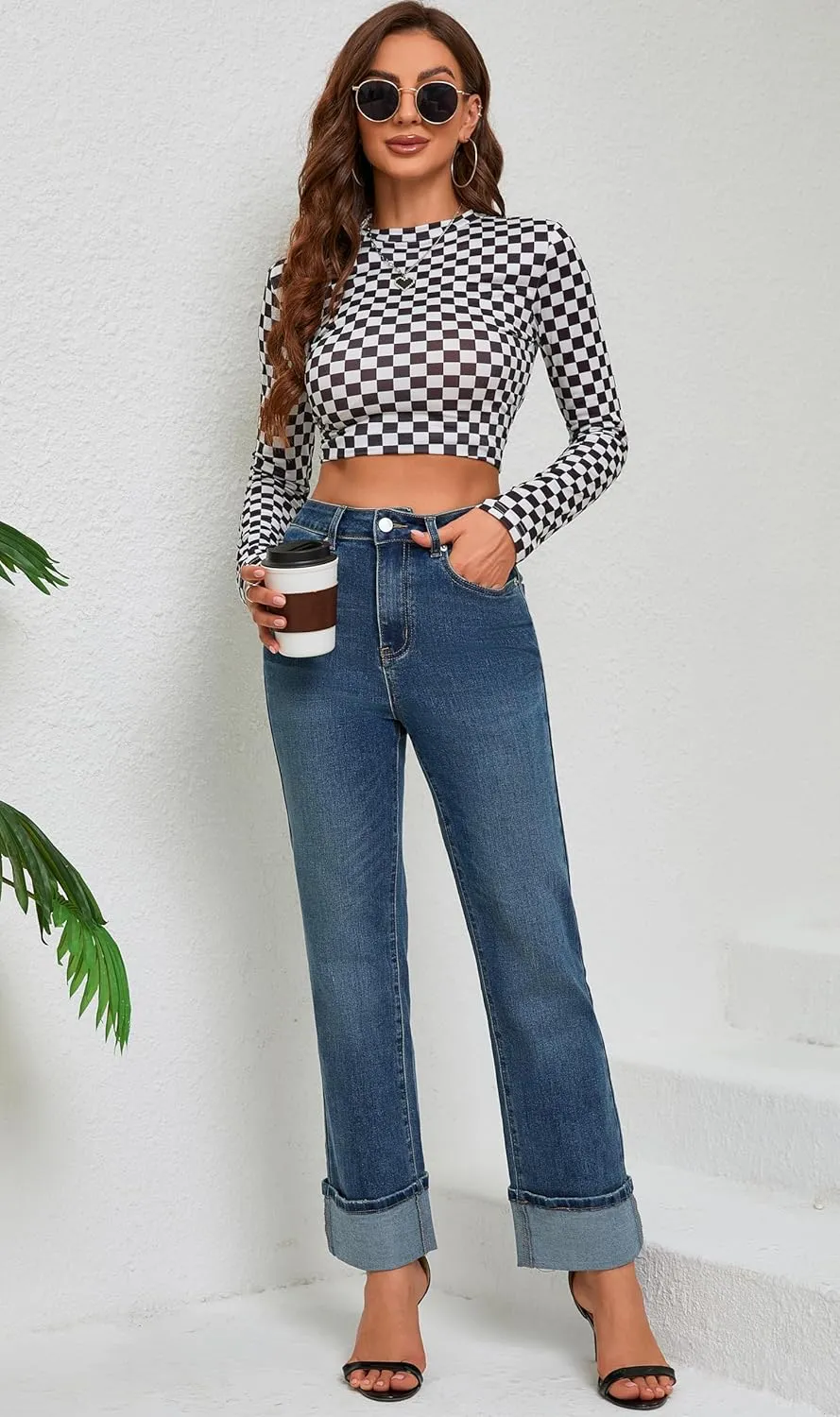 Womens Jeans High Waisted Stretchy Straight Leg Jeans for Women Tummy Control Trendy Cute Ankle Fold Hem Jeans Pants