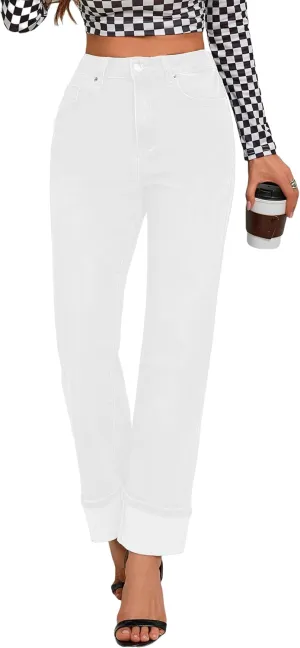 Womens Jeans High Waisted Stretchy Straight Leg Jeans for Women Tummy Control Trendy Cute Ankle Fold Hem Jeans Pants