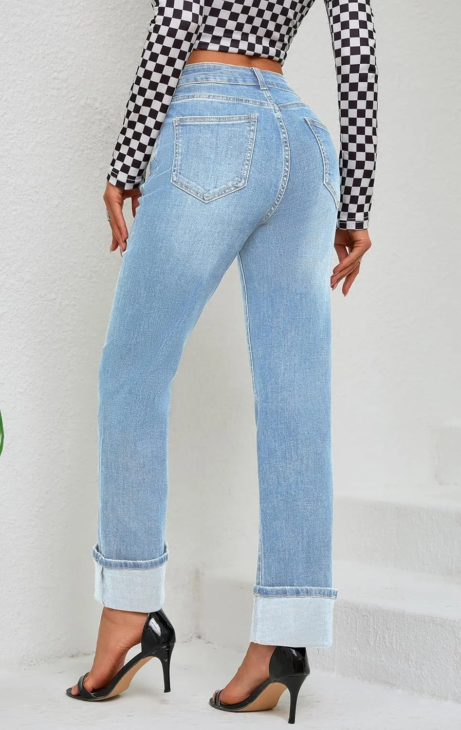 Womens Jeans High Waisted Stretchy Straight Leg Jeans for Women Tummy Control Trendy Cute Ankle Fold Hem Jeans Pants
