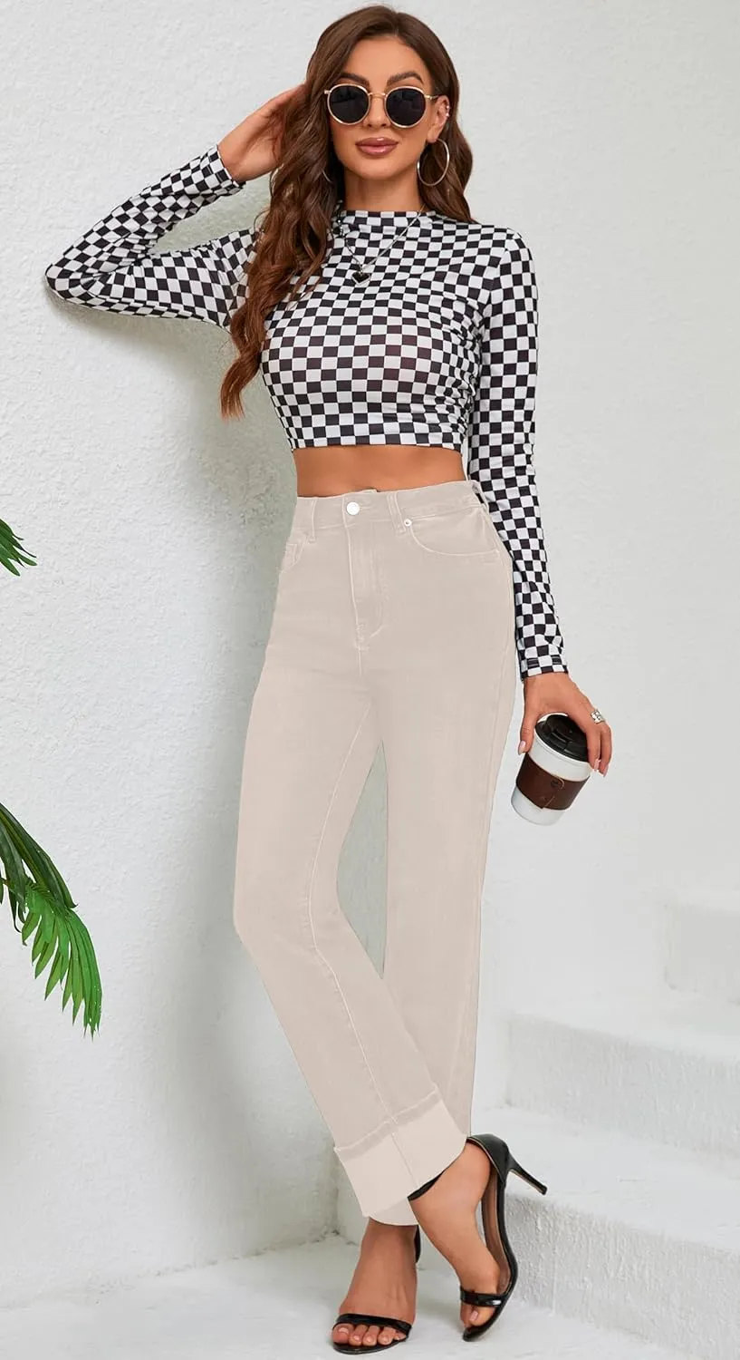 Womens Jeans High Waisted Stretchy Straight Leg Jeans for Women Tummy Control Trendy Cute Ankle Fold Hem Jeans Pants