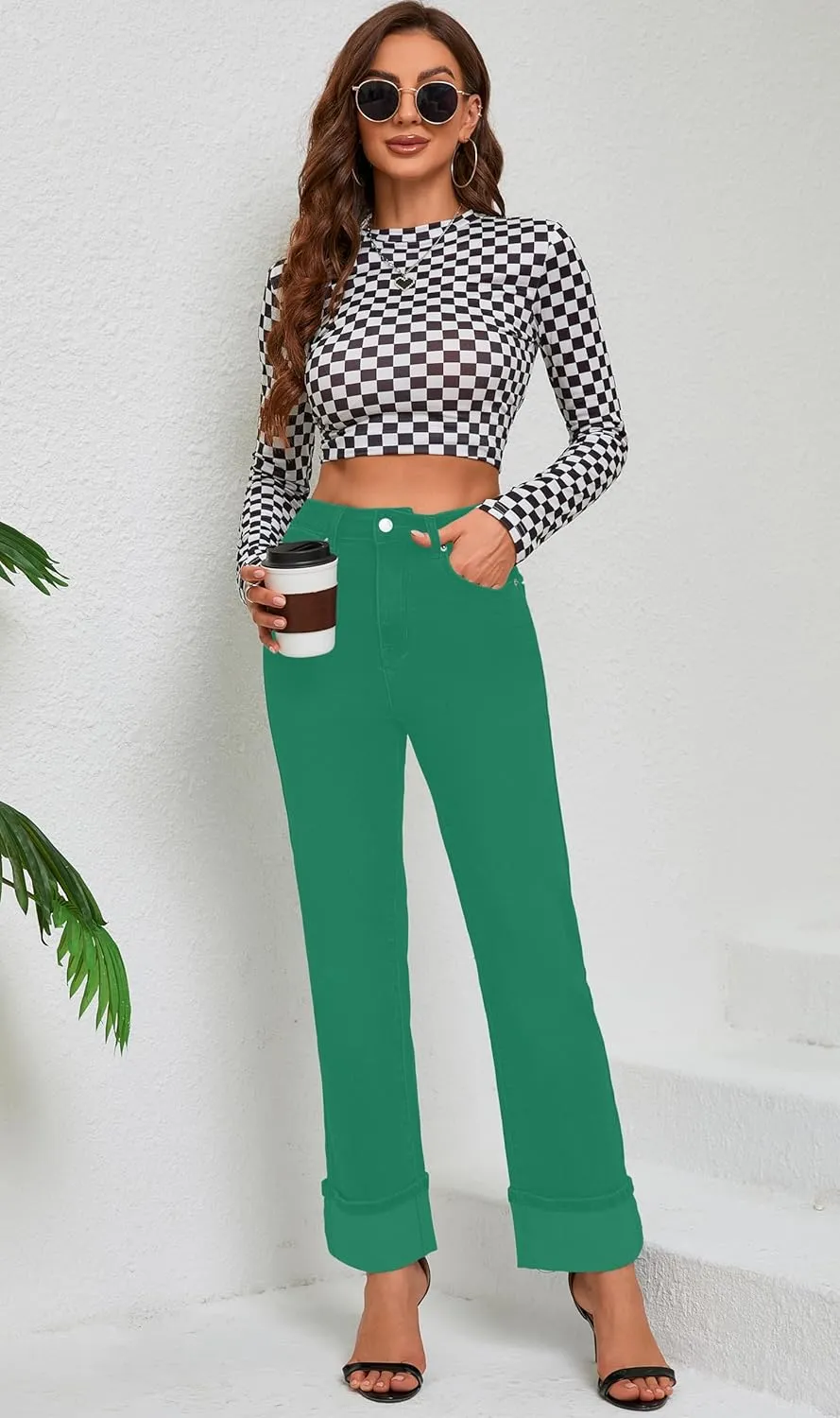 Womens Jeans High Waisted Stretchy Straight Leg Jeans for Women Tummy Control Trendy Cute Ankle Fold Hem Jeans Pants