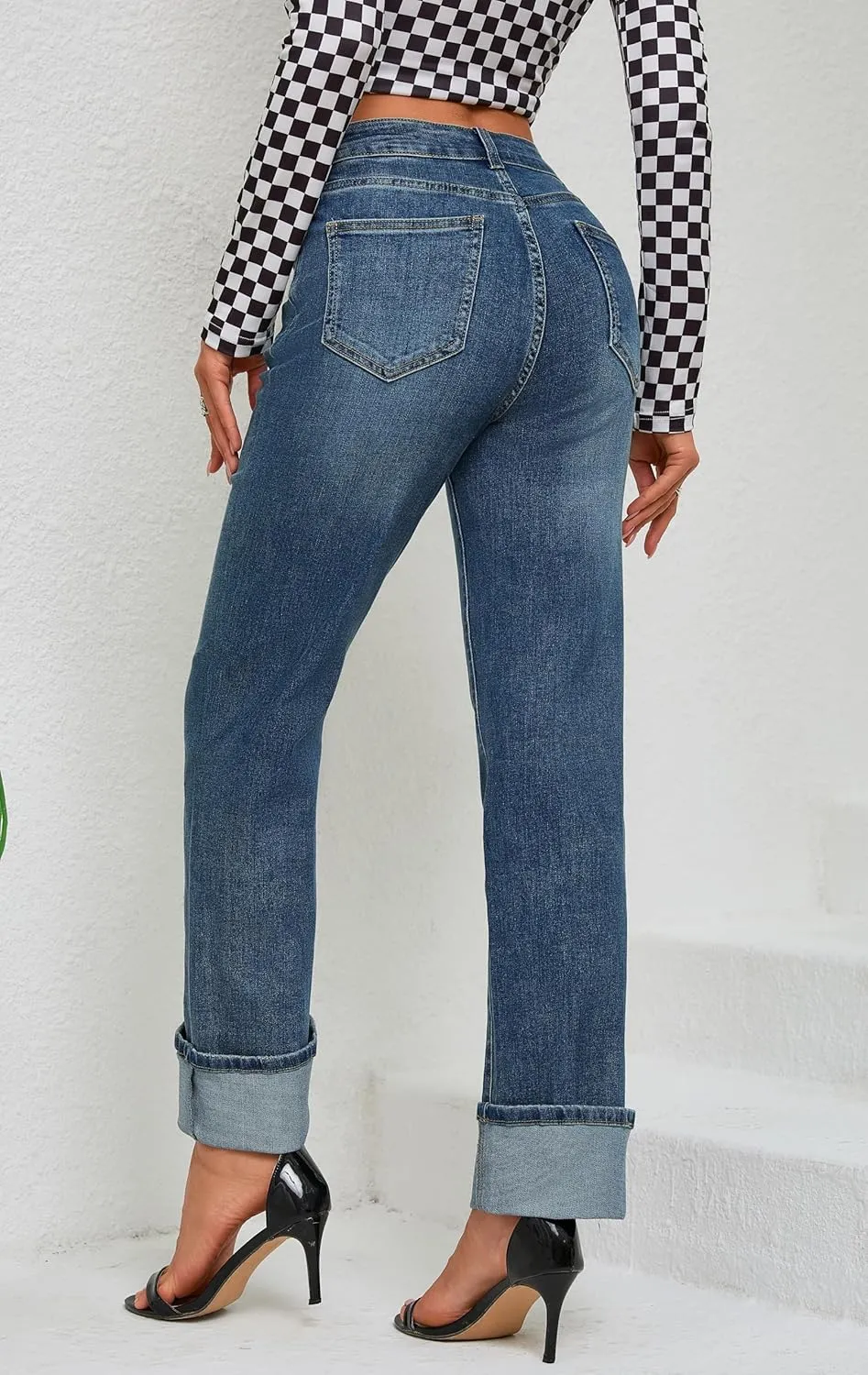 Womens Jeans High Waisted Stretchy Straight Leg Jeans for Women Tummy Control Trendy Cute Ankle Fold Hem Jeans Pants