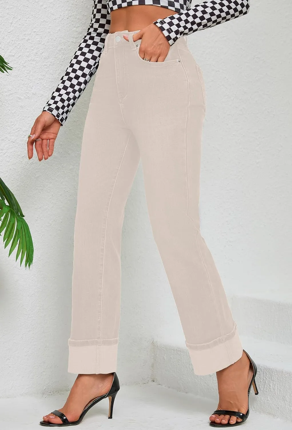 Womens Jeans High Waisted Stretchy Straight Leg Jeans for Women Tummy Control Trendy Cute Ankle Fold Hem Jeans Pants
