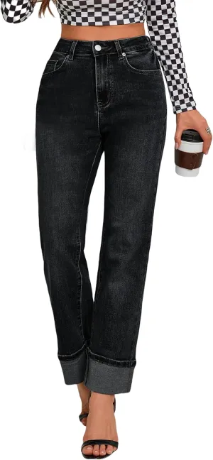 Womens Jeans High Waisted Stretchy Straight Leg Jeans for Women Tummy Control Trendy Cute Ankle Fold Hem Jeans Pants