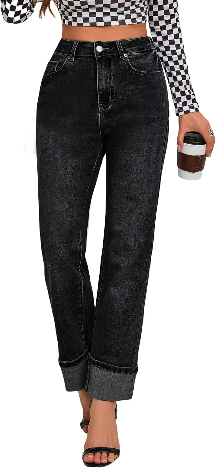 Womens Jeans High Waisted Stretchy Straight Leg Jeans for Women Tummy Control Trendy Cute Ankle Fold Hem Jeans Pants