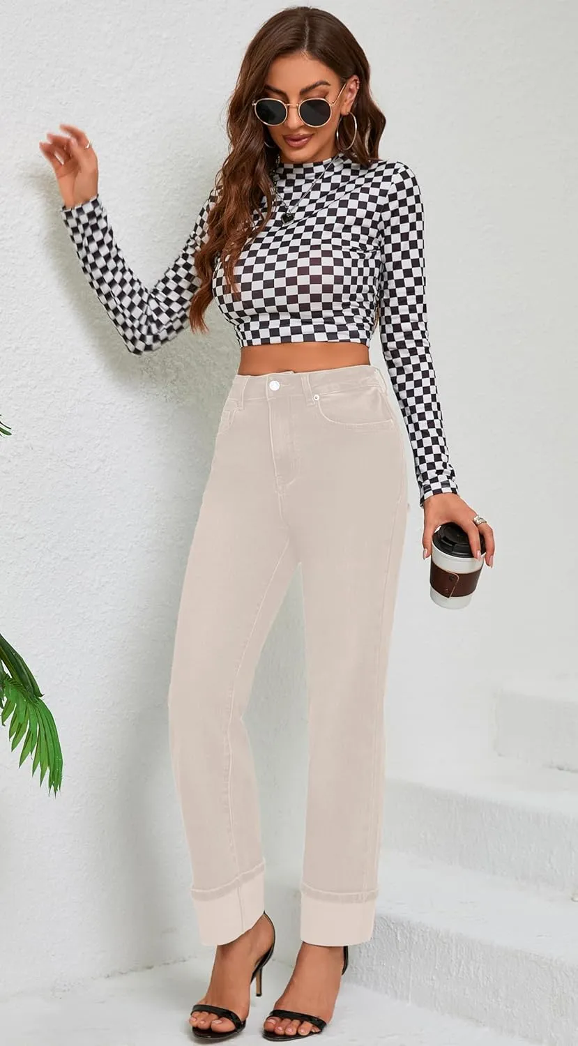 Womens Jeans High Waisted Stretchy Straight Leg Jeans for Women Tummy Control Trendy Cute Ankle Fold Hem Jeans Pants