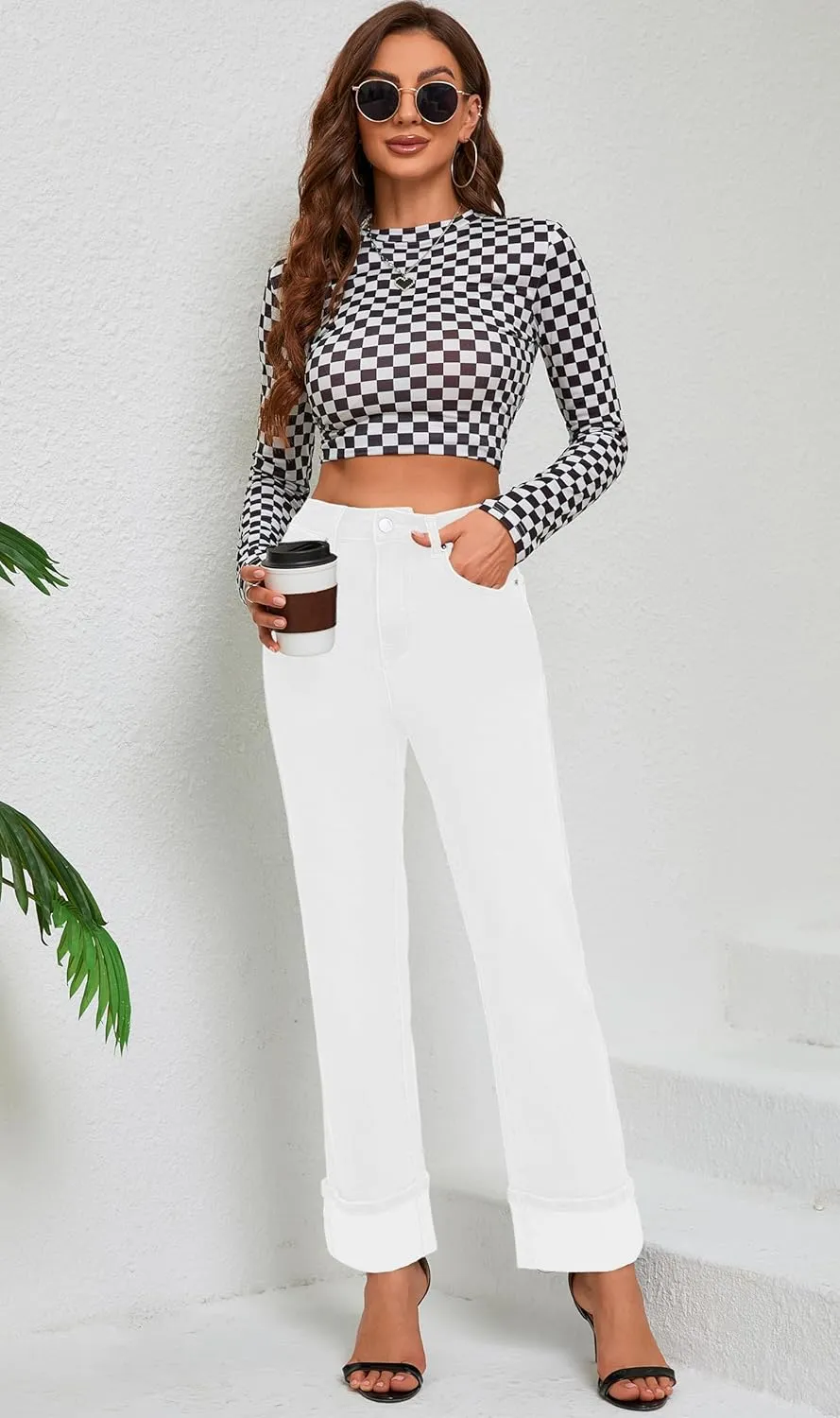 Womens Jeans High Waisted Stretchy Straight Leg Jeans for Women Tummy Control Trendy Cute Ankle Fold Hem Jeans Pants