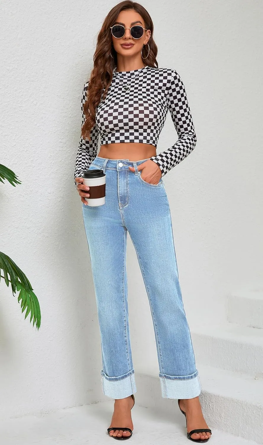 Womens Jeans High Waisted Stretchy Straight Leg Jeans for Women Tummy Control Trendy Cute Ankle Fold Hem Jeans Pants