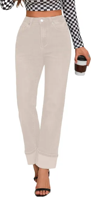 Womens Jeans High Waisted Stretchy Straight Leg Jeans for Women Tummy Control Trendy Cute Ankle Fold Hem Jeans Pants