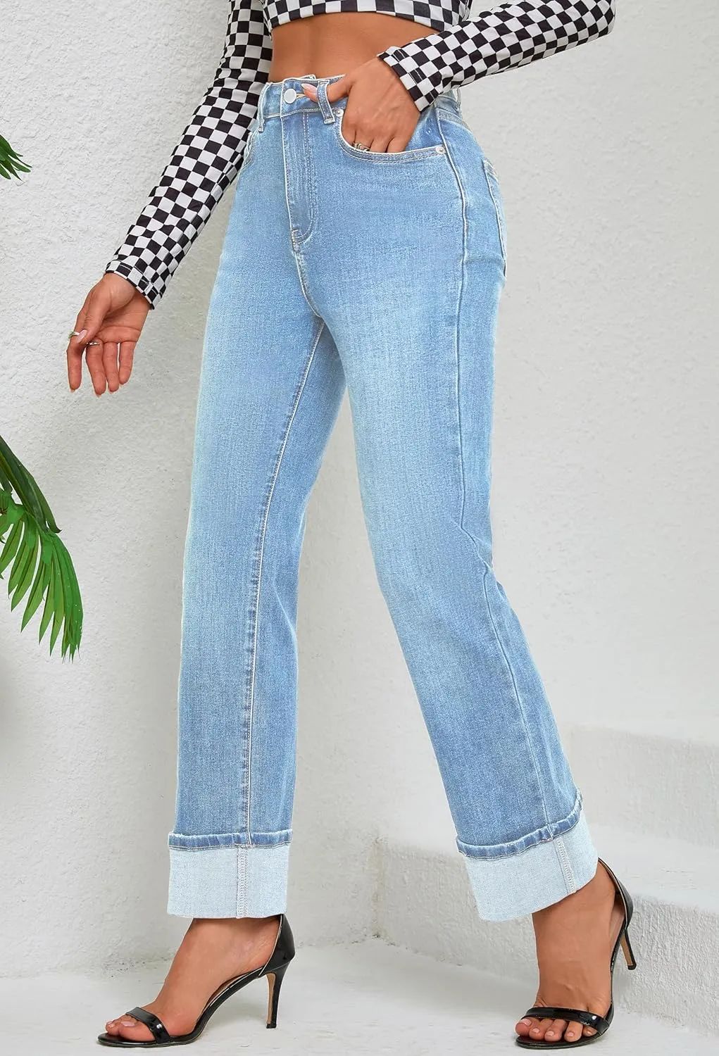 Womens Jeans High Waisted Stretchy Straight Leg Jeans for Women Tummy Control Trendy Cute Ankle Fold Hem Jeans Pants
