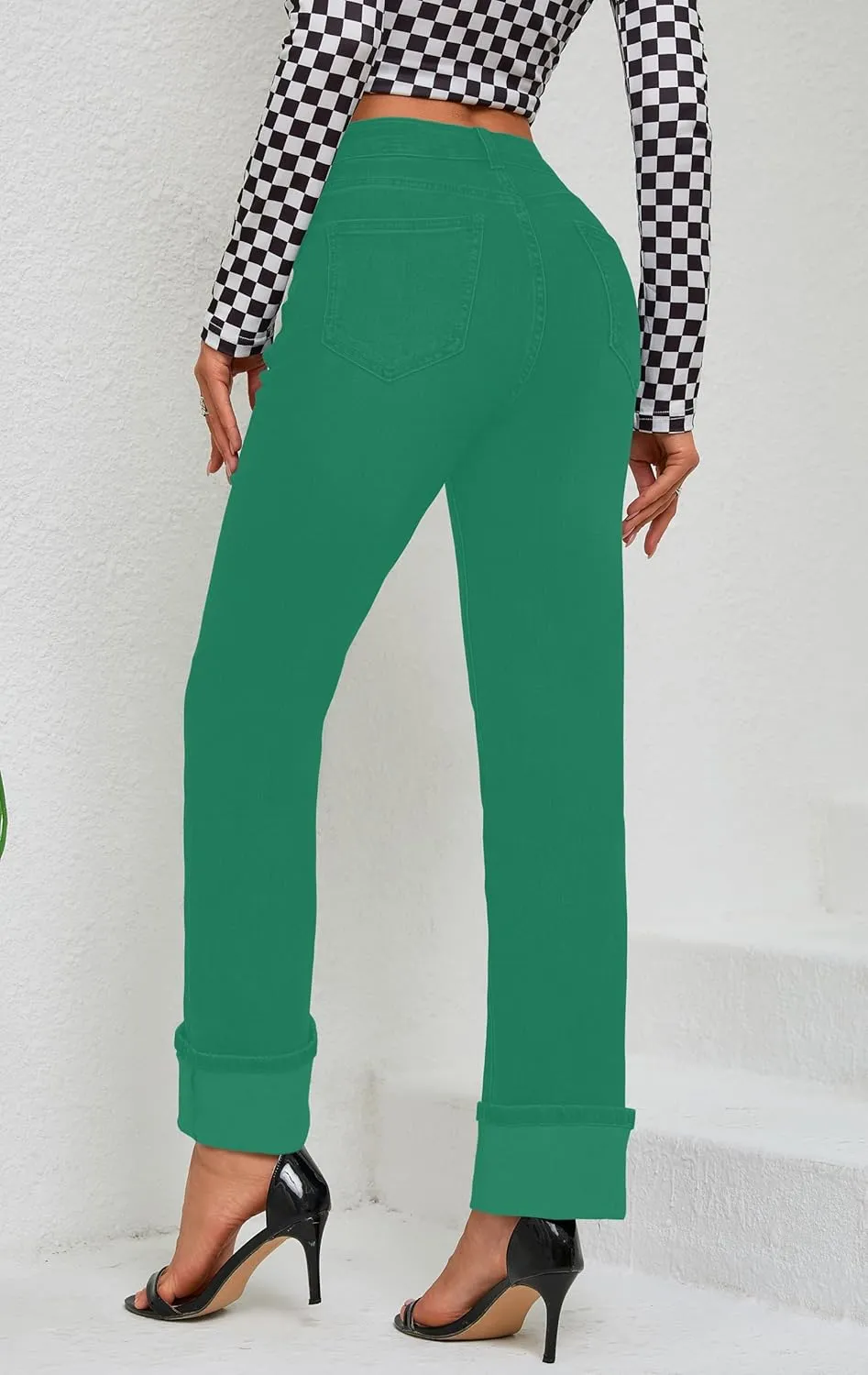 Womens Jeans High Waisted Stretchy Straight Leg Jeans for Women Tummy Control Trendy Cute Ankle Fold Hem Jeans Pants