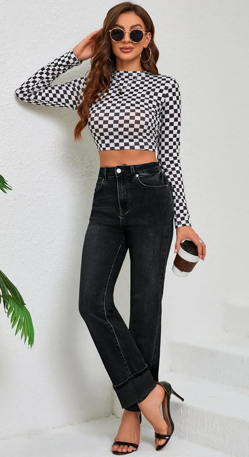 Womens Jeans High Waisted Stretchy Straight Leg Jeans for Women Tummy Control Trendy Cute Ankle Fold Hem Jeans Pants